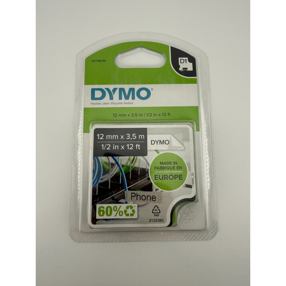 NEW Dymo D1 Flexible Nylon Label Tape Black on White S0718040 - 12mm 1/2" x 12ft